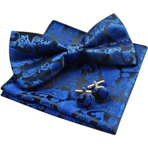 Other - Men's Blue Tie Set Classic Paisley Bow Tie Hanky Cufflinks Set Gift for Him Men